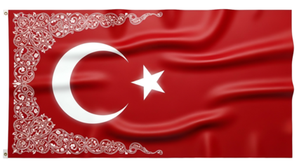 Waving national banner featuring a bright crescent and star emblem against a richly decorated border