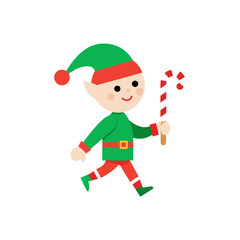 Cartoon elf running with a candy cane stick on transparent background