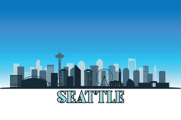Obraz premium Global city Seattle shown in a detailed vector skyline with a bright blue sky