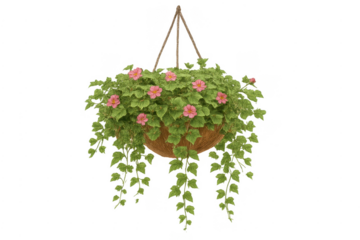 Hanging basket with pink flowers and lush green trailing plants