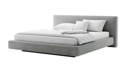 Modern platform bed with crisp white bedding rests against a solid black background