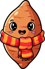Fototapeta premium smiling sweet potato mascot, wrapped warmly, brings autumnal delight and comfort, isolated on transparent background