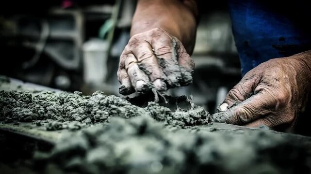 Medium shot of hands mixing a hard rubber compound on a workbench showcasing the dense texture used for durable retread tires.