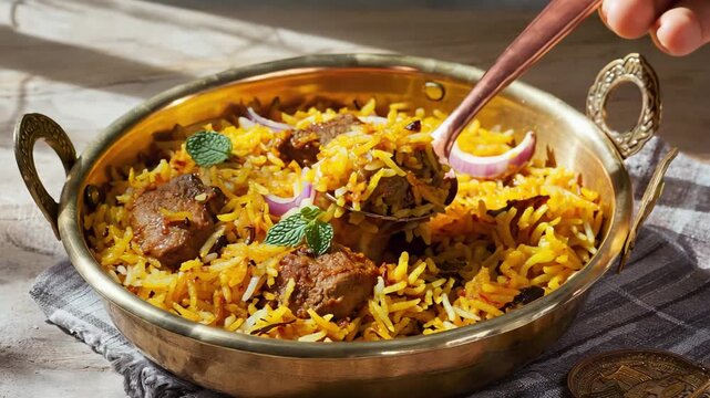 spicy Indian mutton biriyani in a pot.ai 