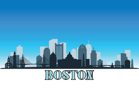 Global city Boston shown in a detailed vector skyline with a bright blue sky