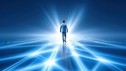 Businessman walks toward bright light future abstract digital art - Powered by Adobe