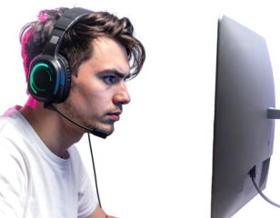 A young man stares intently at a computer screen, wearing a headset with a microphone. Focus is apparent