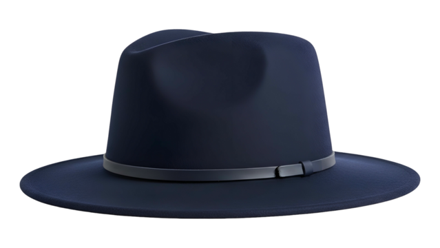 Dark blue felt fedora style hat with simple band displayed against a solid black background