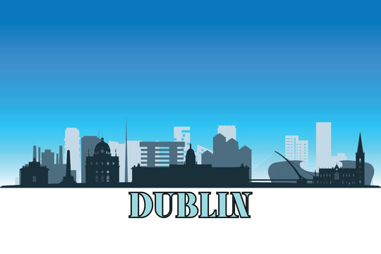 Global city Dublin shown in a detailed vector skyline with a bright blue sky