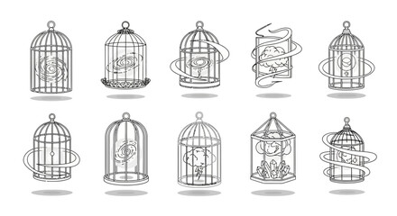 Fototapeta premium Captivating birdcages holding abstract concepts like galaxies and storms symbolizing freedom or confinement for creative projects