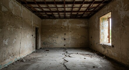 Obraz premium Empty square room with texture of a stone wall, flooring, concrete destruction, metal corrosion and rusty antiquity, the basis of construction reinforcement and ceilings, paint chips on wall