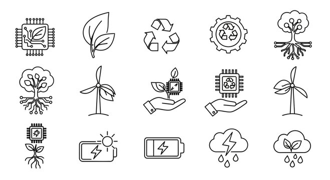 Dynamic icons blend technology and nature showing sustainable innovation, clean energy, and environmental care for a greener future