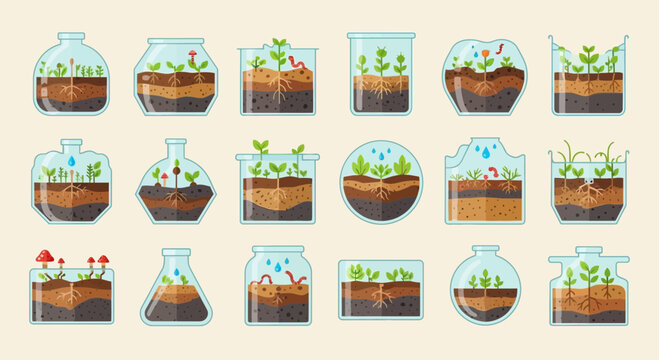 Vibrant terrarium ecosystems showcase plant growth, soil layers, and tiny life in diverse glass containers, perfect for educational and natural science themes.