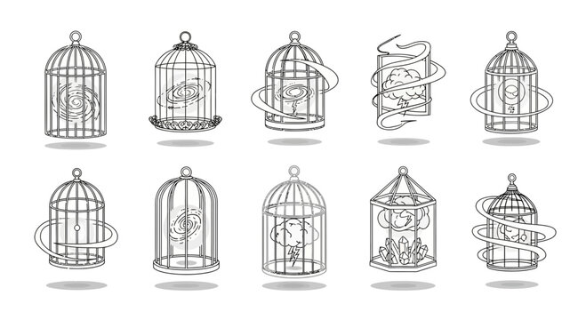 Captivating birdcages holding abstract concepts like galaxies and storms symbolizing freedom or confinement for creative projects