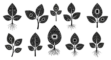 Discover innovative technology growth with circuit board leaves and roots symbolizing digital nature and future development