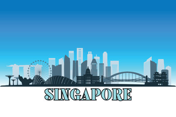 Fototapeta premium Global city Singapore shown in a detailed vector skyline with a bright blue sky