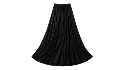 Flowing black maxi skirt drapes elegantly against a stark black background