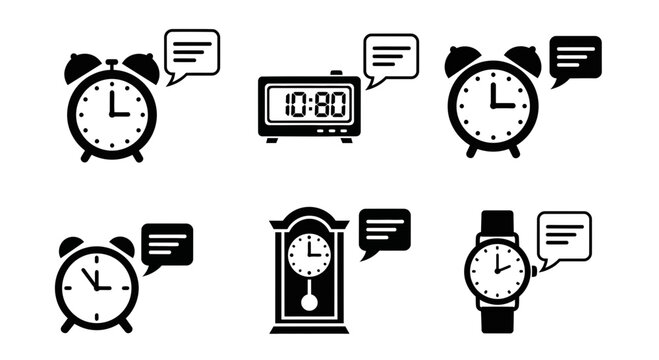 Collection of iconic timepieces including alarm clocks, digital display, grandfather clock, and wristwatch all communicating important alerts and notifications with speech bubbles