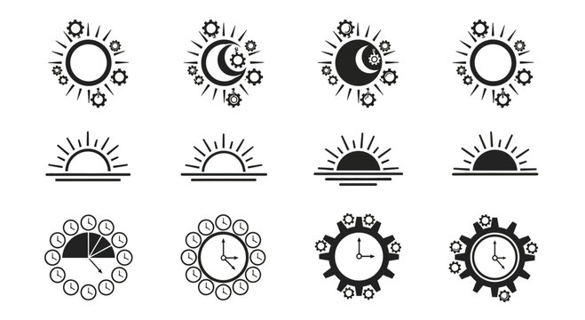 Dynamic set of modern icons symbolizing time, sunrise, sunset, day, night, and mechanical precision with gears and clocks.