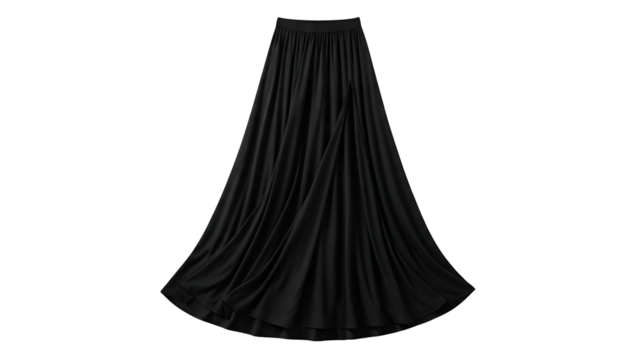 Flowing black maxi skirt drapes elegantly against a stark black background