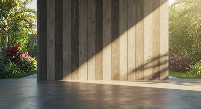 Empty old wood plank wall, There are concrete floor, Behide the backdrop is a tropical garden, sunlight shine into the room