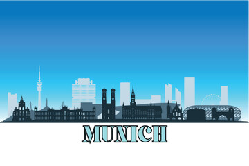 Naklejka premium Global city Munich shown in a detailed vector skyline with a bright blue sky