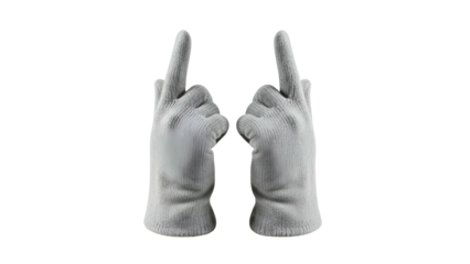 Pair of textile hand coverings display an aggressive gesture against a deep black background