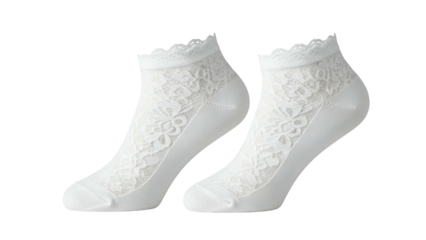 Pair of delicate white ankle socks featuring sheer lace floral patterns and scalloped trim against a black background