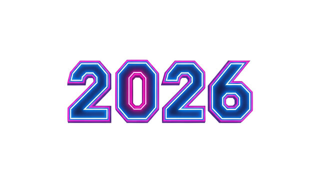 Illuminated numbers display the year two thousand twenty six in vibrant neon style against a dark background