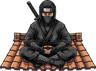 zen assassins contemplation blackclad figure achieves harmony on ancient roof, isolated on transparent background