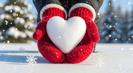 Hands in red mittens holding a snow heart, with snowflakes falling in a snowy winter landscape.