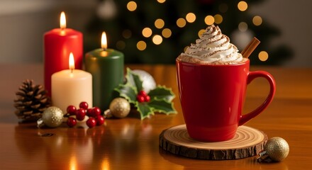 Festive Christmas scene with a red mug of hot chocolate topped with whipped cream, surrounded by candles and ornaments.