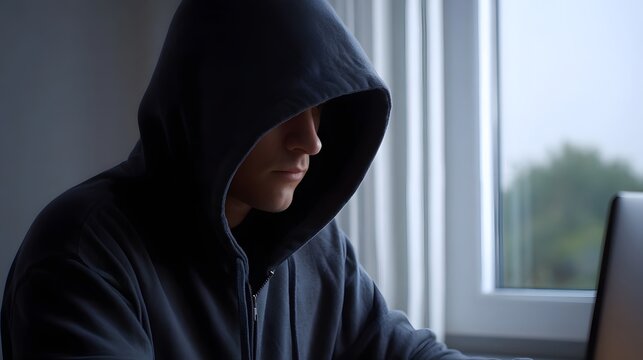 Hooded figure intensely focused on a laptop computer working in a dimly lit room with natural light from a window