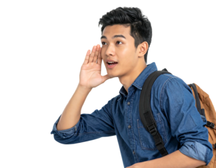 A young man with dark hair, a backpack, and a denim shirt, gestures to his ear. He appears to be listening intently