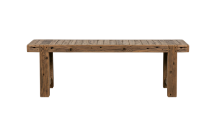 Rustic wooden plank table sits centered against a solid black background