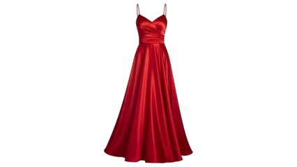 Elegant, floor-length scarlet gown displays shimmering satin texture against a dark background