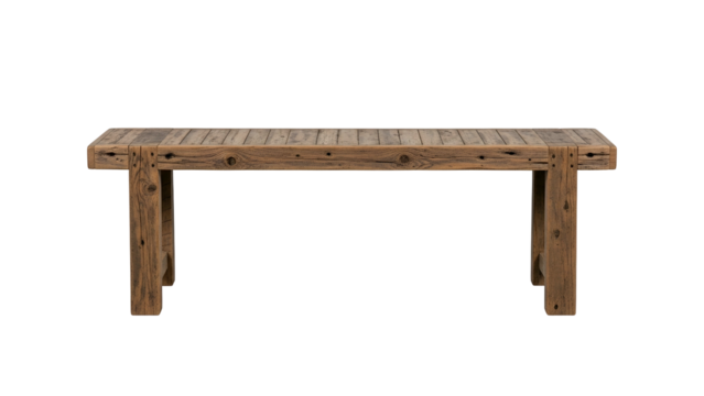 Rustic wooden plank table sits centered against a solid black background
