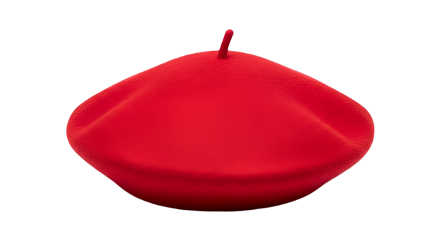 Vivid red headwear rests against a deep black background in a minimalist composition.