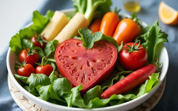 Nutritional food for heart health wellness by cholesterol diet and healthy nutrition eating with clean fruits and vegetables in heart dish by nutritionist and doctor recommended for patient well-being
