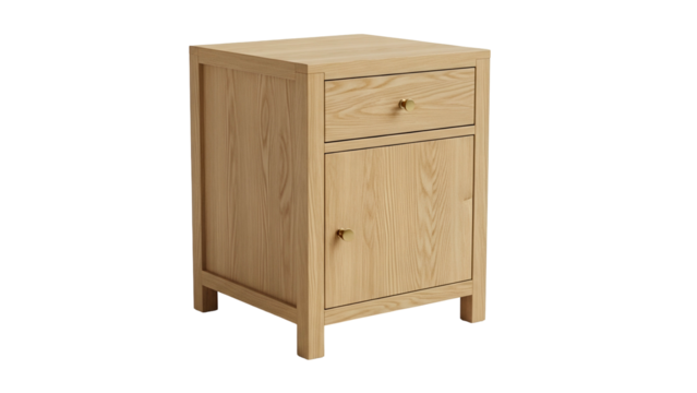 Wooden bedside table features clean lines and natural grain texture set against a dark background