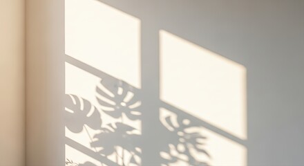 Soft natural sunlight casting a shadow of monstera leaves on a neutral wall isolated on transparent background