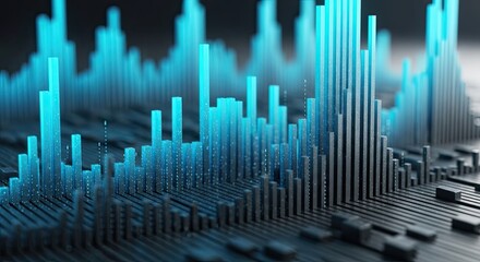 Abstract futuristic digital city skyline with glowing blue neon skyscrapers isolated on transparent background