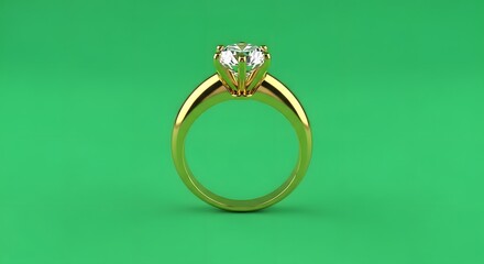 A close-up of a gold ring with a large, sparkling diamond set on a vibrant green background, showcasing elegance and luxury in jewelry design