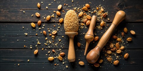 Scattered seeds and a wooden dibber in a rustic gardening setting An overhead view of various dried seeds scattered artfully on a weathered wooden surface. A rustic wooden dibber (planting tool) rests