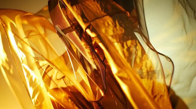 Sensual beauty portrait of a woman with golden light and sheer fabric flowing dynamically