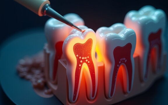 Intricate details of tooth cavity illuminated, showcasing dental tools and glowing tooth. This highlights importance of dental health and treatment. High quality