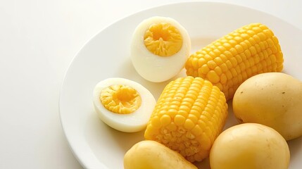 A close-up shot of a white plate filled with a healthy and delicious meal of boiled eggs, corn on the cob, and potatoes