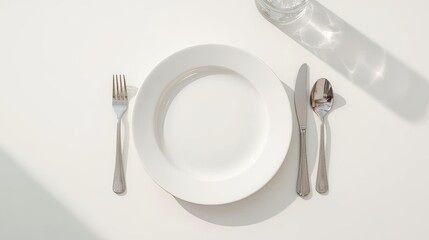 Minimalist overhead shot of a white plate with fork, knife, and spoon, set for a meal with a glass of water casting a shadow