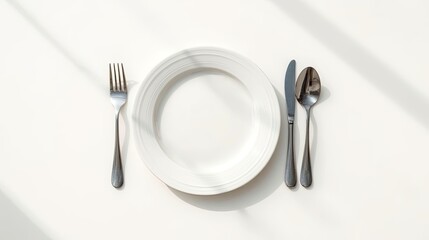 Elegant Table Setting A Clean White Plate, Fork, Knife, and Spoon Arrangement