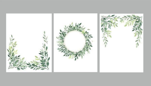 Vector invitation cards with herbal twigs and branches wreath and corners border frames.